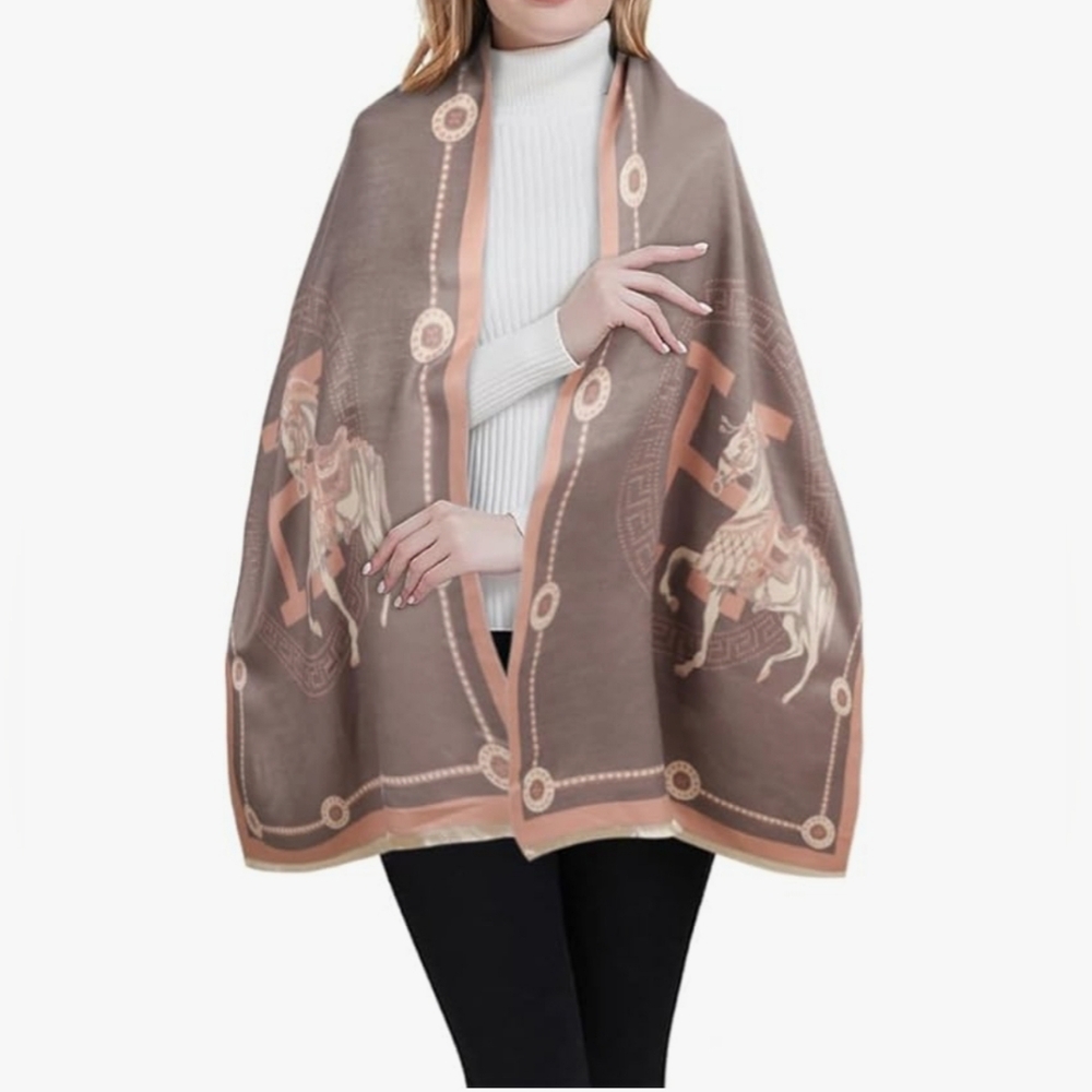 SALE🎉 Large Elegant Gray and Pink With Horse Design Scarf Wrap